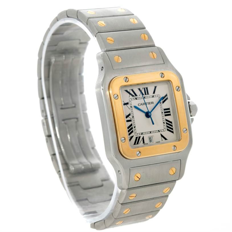 The image shows a Santos model by Cartier from a front angle, highlighting the face, bezel, and part of the metal and gold screw bracelet.
