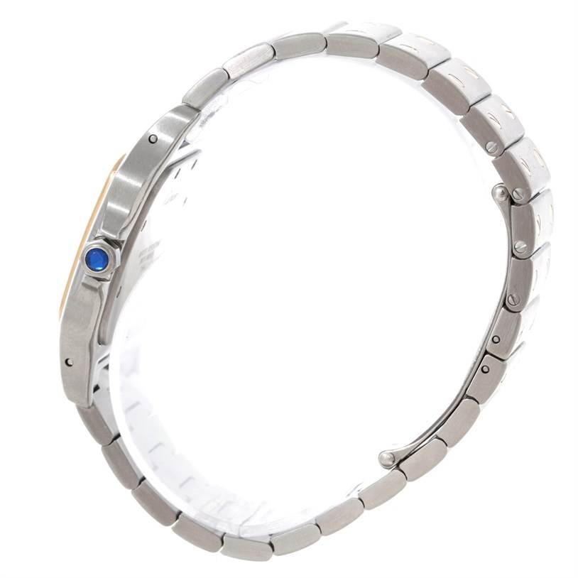 The image shows a side profile of the Cartier Santos W20011C4 Men's Stainless Steel Silver Dial W20011C4 Men's Stainless Steel Silver Dial watch, emphasizing its bracelet and case with a prominent blue cabochon crown.