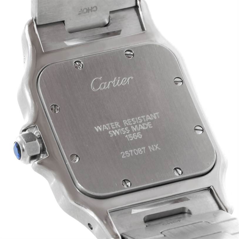 The image shows the back case of a Cartier Santos W20011C4 Men's Stainless Steel Silver Dial W20011C4 Men's Stainless Steel Silver Dial watch, displaying brand engraving and model details.