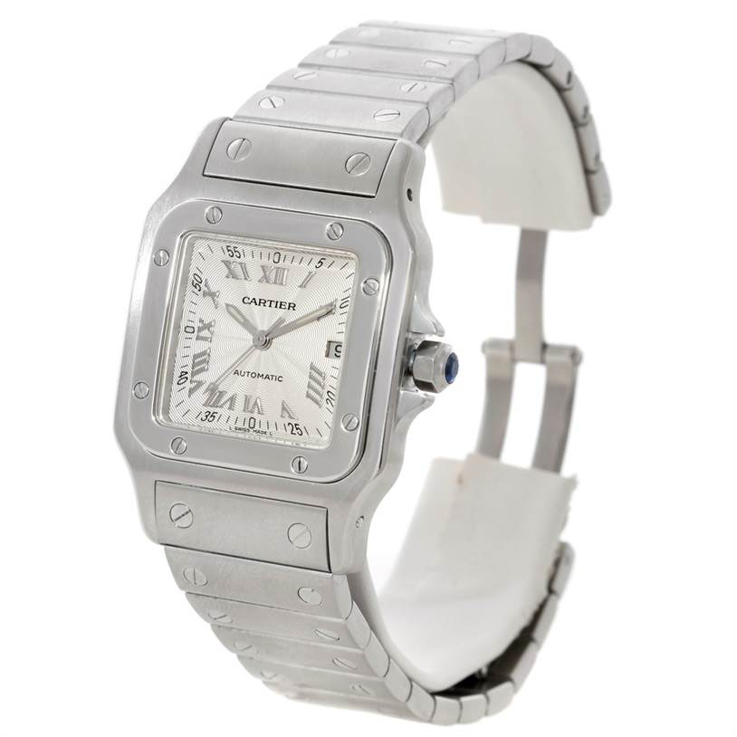 This image shows an angled view of the Cartier Santos W20055D6 Men's Stainless Steel Silver Dial W20055D6 Men's Stainless Steel Silver Dial watch, displaying the dial, bezel, crown, and bracelet.