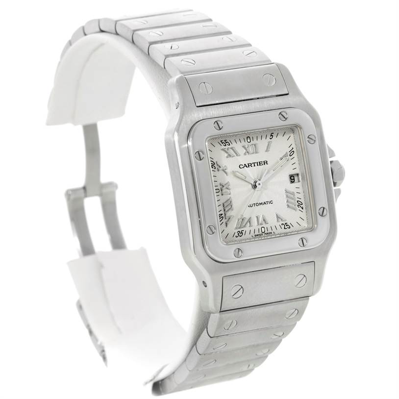 The image shows a front view of the Cartier Santos W20055D6 Men's Stainless Steel Silver Dial W20055D6 Men's Stainless Steel Silver Dial watch, highlighting the face, bezel, and bracelet.