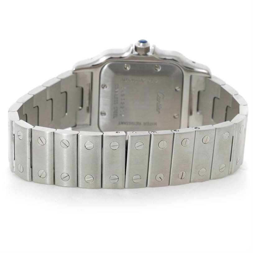 The image shows the back and bracelet of a Cartier Santos W20055D6 Men's Stainless Steel Silver Dial W20055D6 Men's Stainless Steel Silver Dial watch.
