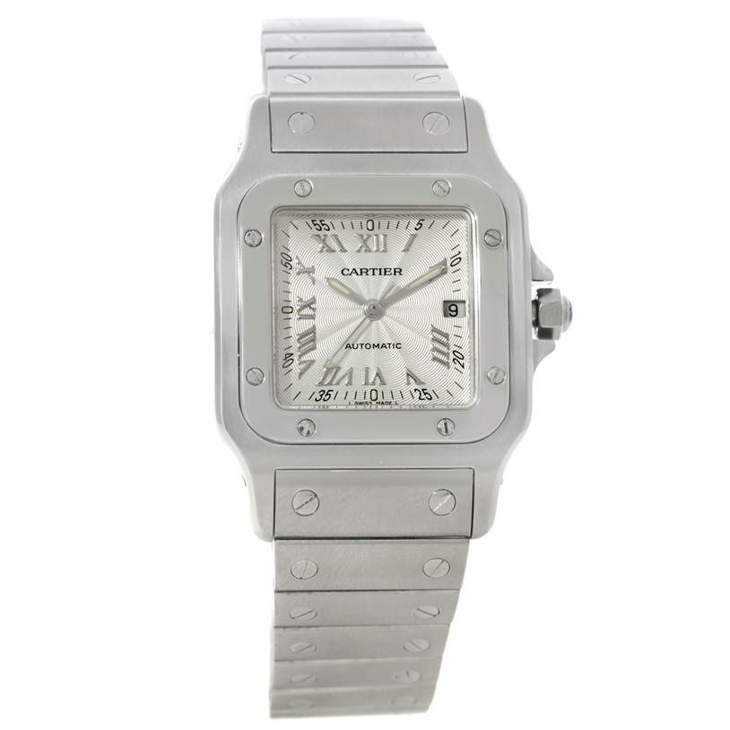 This image shows a front view of a Cartier Santos W20055D6 Men's Stainless Steel Silver Dial W20055D6 Men's Stainless Steel Silver Dial watch, highlighting its face, bezel, and metal bracelet.