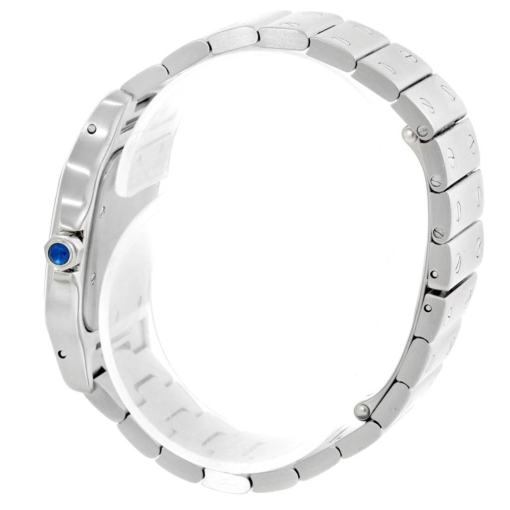 This image shows the side view of a Cartier Santos W20065D6 Men
s Stainless Steel Blue Dial W20065D6 Men
s Stainless Steel Blue Dial model watch, highlighting the bracelet and crown with a blue cabochon.