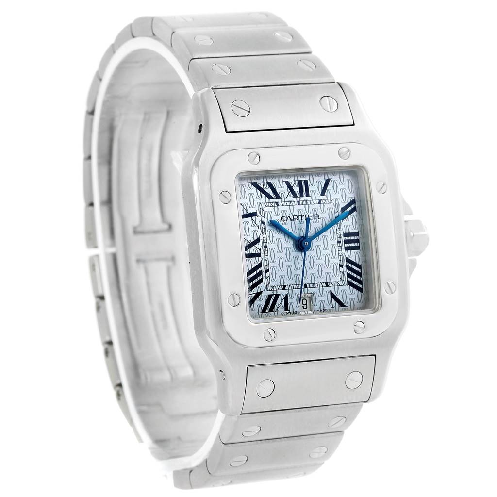 The image shows a Cartier Santos W20065D6 Men
s Stainless Steel Blue Dial W20065D6 Men
s Stainless Steel Blue Dial watch from a front angle, displaying its face, bezel, and part of the bracelet.