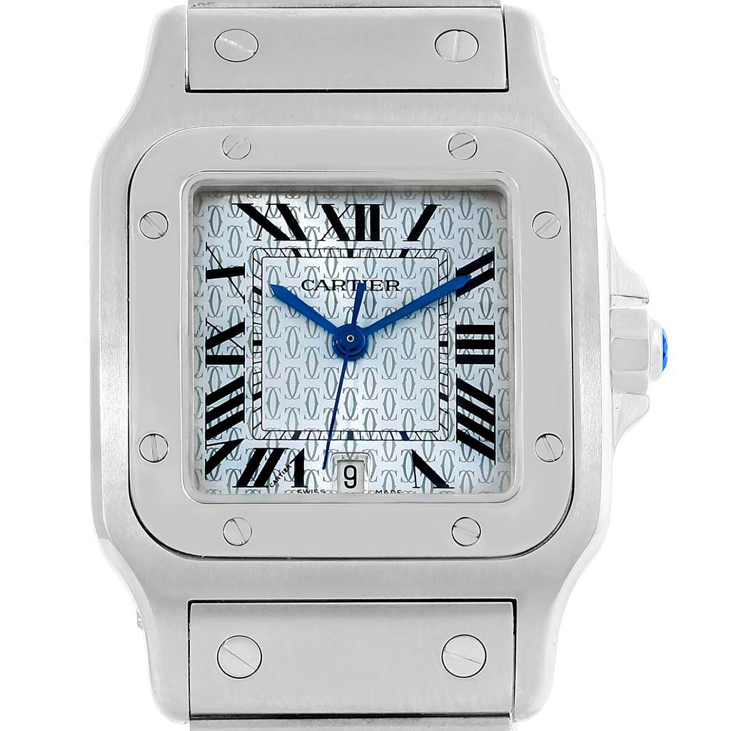 This image shows a close up of the dial, bezel, and part of the bracelet of a Cartier Santos W20065D6 Men
s Stainless Steel Blue Dial W20065D6 Men
s Stainless Steel Blue Dial watch.