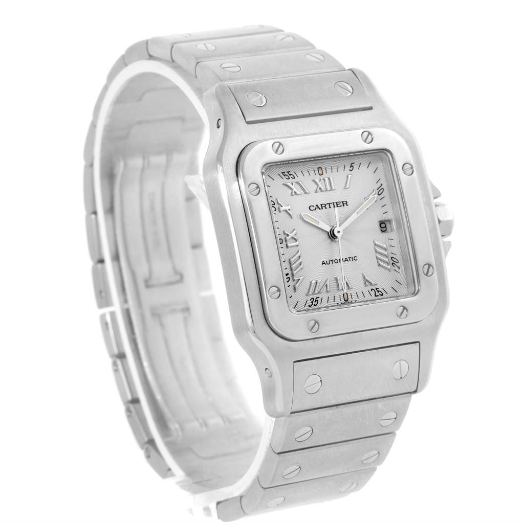 The image shows a Cartier Santos W20055D6 Men's Stainless Steel Silver Dial W20055D6 Men's Stainless Steel Silver Dial watch at a front angle, highlighting its face, bezel, and stainless steel bracelet.