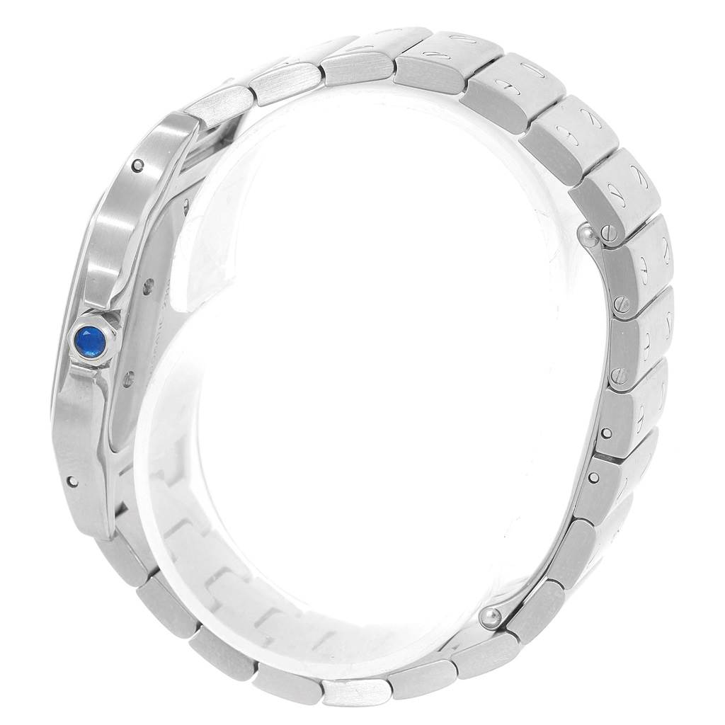 This is a side view of the Cartier Santos W20055D6 Men's Stainless Steel Silver Dial W20055D6 Men's Stainless Steel Silver Dial watch, focusing on the metallic bracelet and crown.