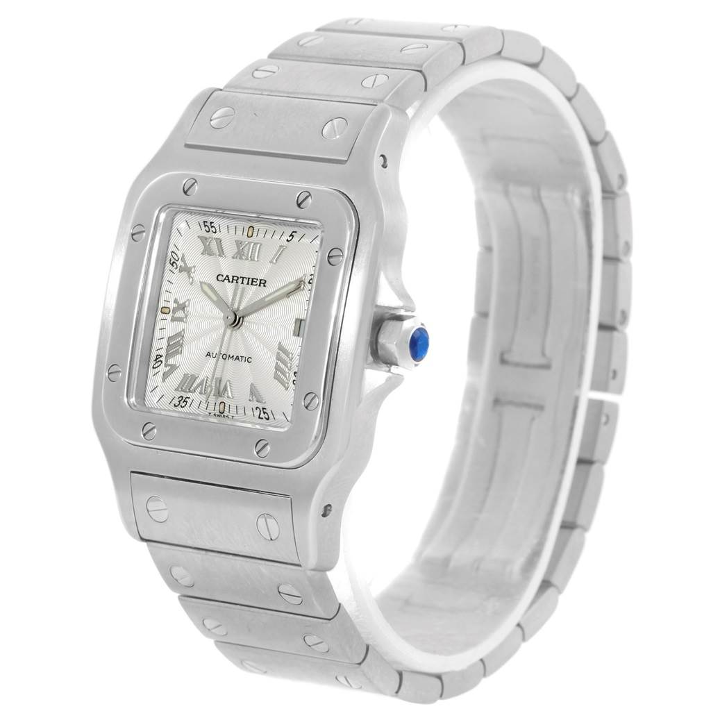 This image shows a front and side view of a Cartier Santos W20055D6 Men's Stainless Steel Silver Dial W20055D6 Men's Stainless Steel Silver Dial watch, featuring its square face, metallic bracelet, and detailed bezel.