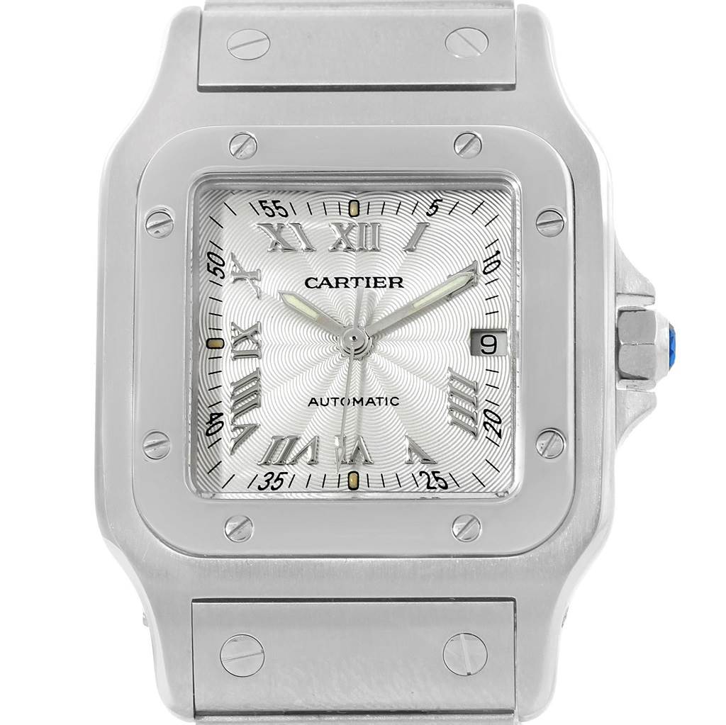 This image shows a front view of the Santos model watch by Cartier, highlighting its face, bezel, and part of the bracelet.