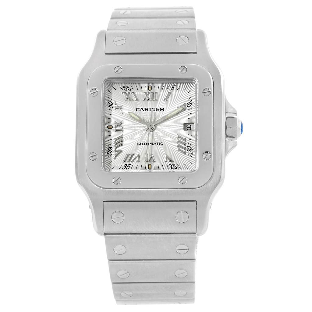 This image shows a front view of a Santos model watch by Cartier, highlighting its face, bezel, crown, and bracelet.