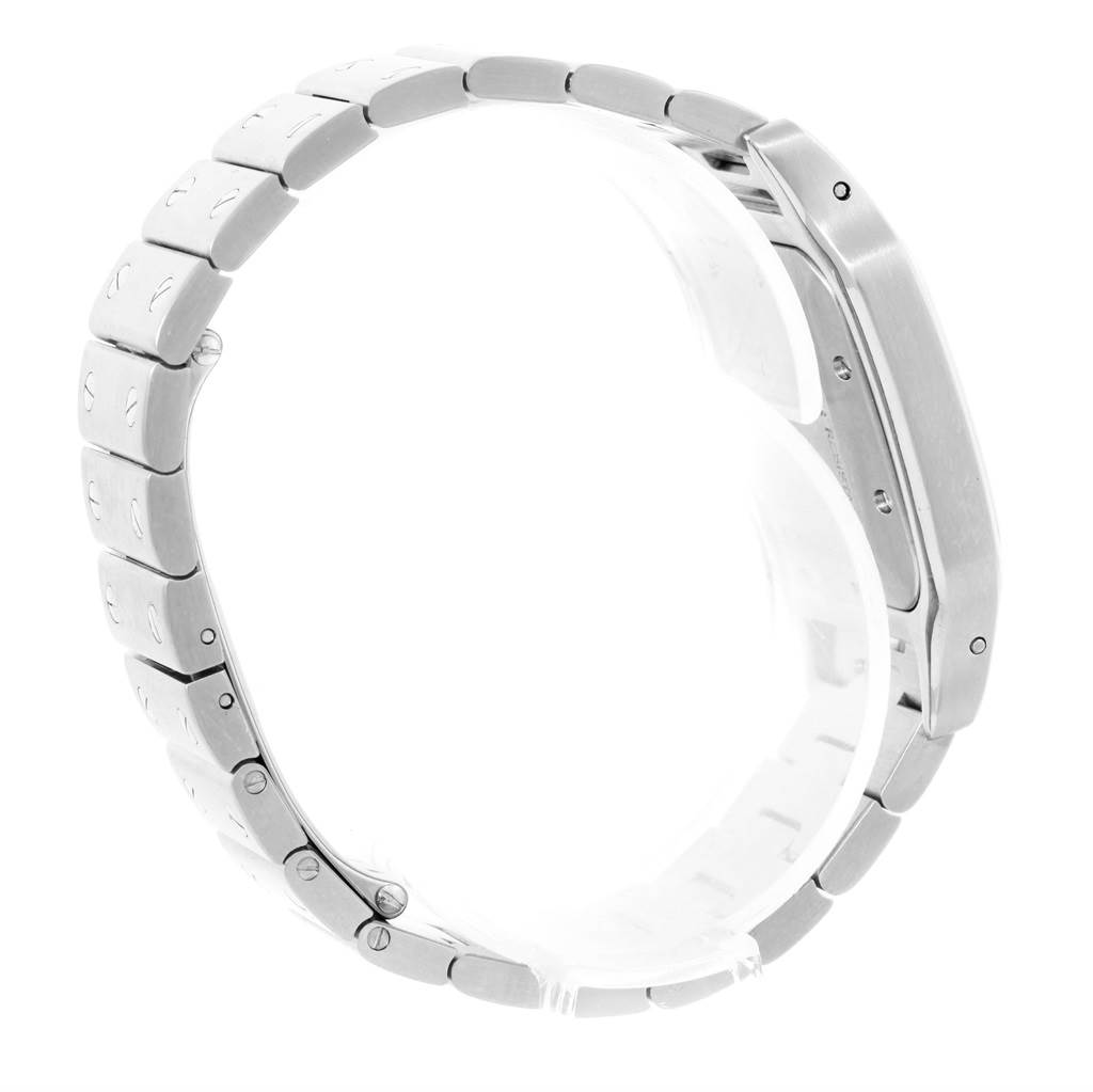 This image shows a side view of the Santos model watch by Cartier, highlighting the bracelet and side profile of the case.