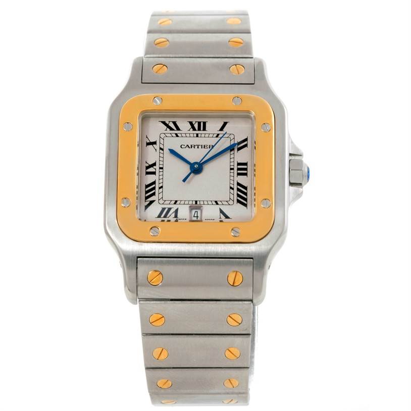 The image shows the front view of a Cartier Santos W20011C4 Stainless Steel Silver Dial W20011C4 Stainless Steel Silver Dial watch, displaying the face, bezel, and part of the bracelet.