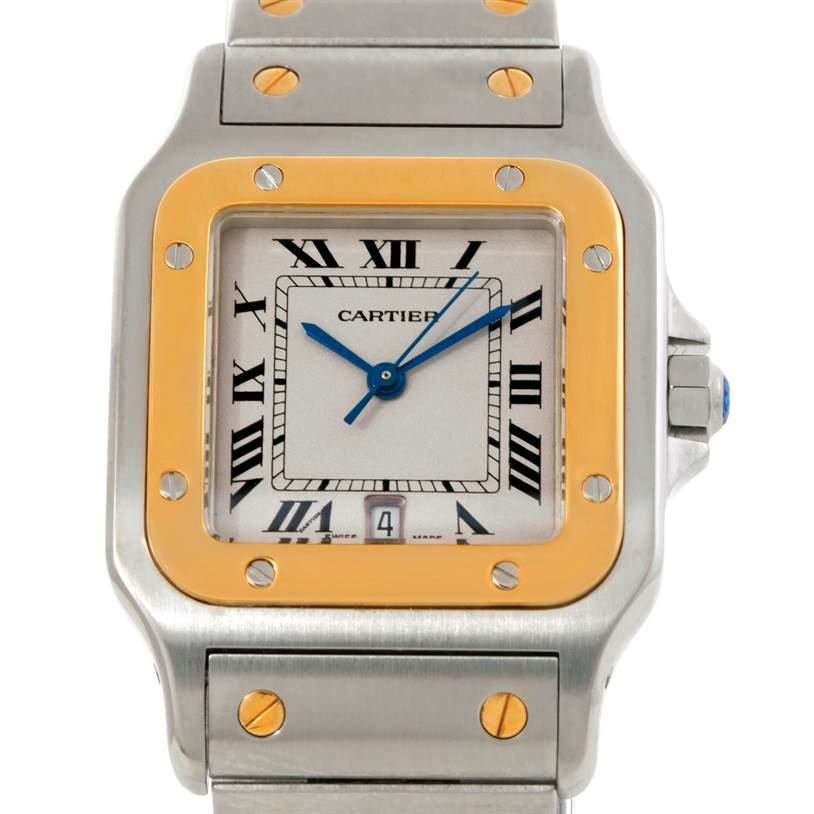 The image shows a frontal view of a Cartier Santos W20011C4 Stainless Steel Silver Dial W20011C4 Stainless Steel Silver Dial watch, highlighting the dial, bezel, bracelet, and crown.