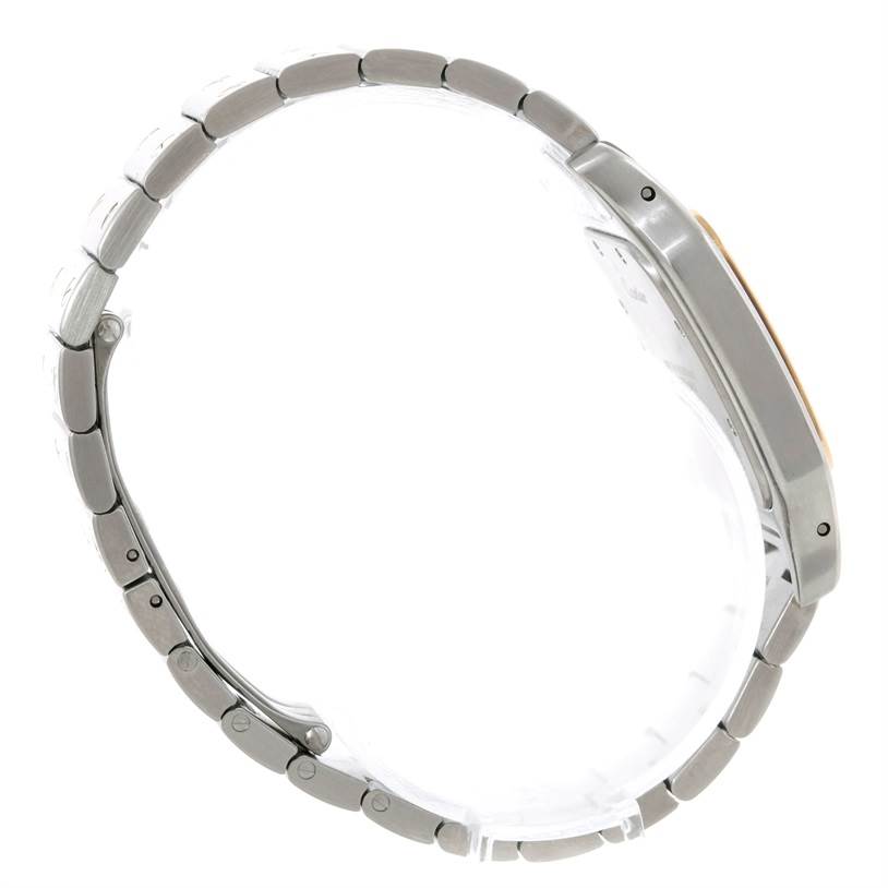 The side profile of the Cartier Santos W20011C4 Stainless Steel Silver Dial W20011C4 Stainless Steel Silver Dial watch, showing the bracelet and the side of the watch case.