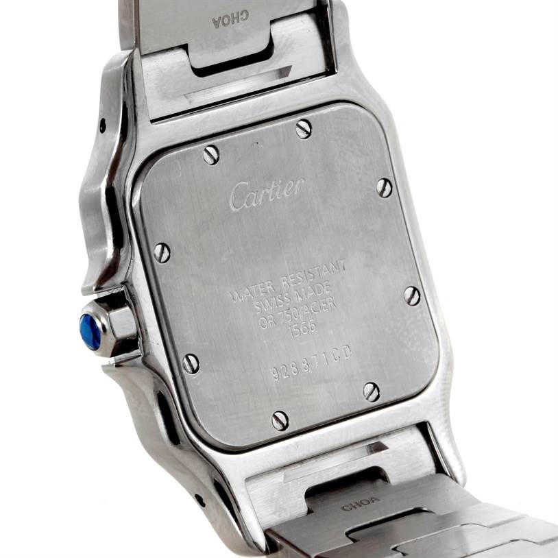 This image shows the back of a Cartier Santos W20011C4 Stainless Steel Silver Dial W20011C4 Stainless Steel Silver Dial watch, focusing on the case back and bracelet attachment.
