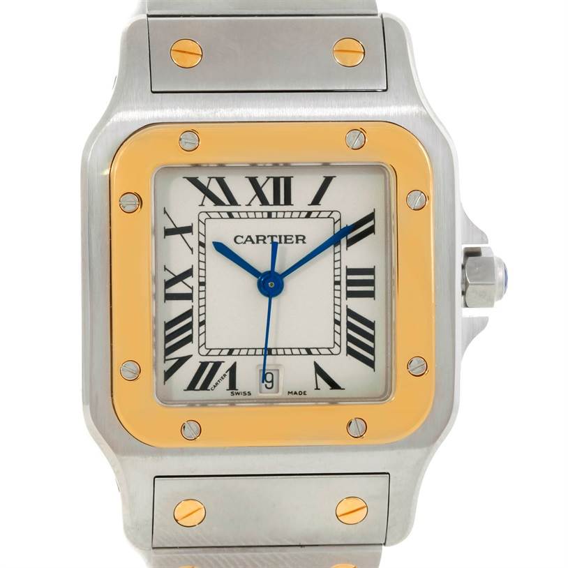 This image shows a frontal view of the Santos model watch by Cartier, highlighting its face and part of the bracelet.