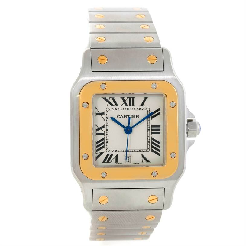 The image shows a front view of a Cartier Santos W20011C4 Stainless Steel Silver Dial W20011C4 Stainless Steel Silver Dial watch, displaying its dial, bezel, and part of the metal bracelet.