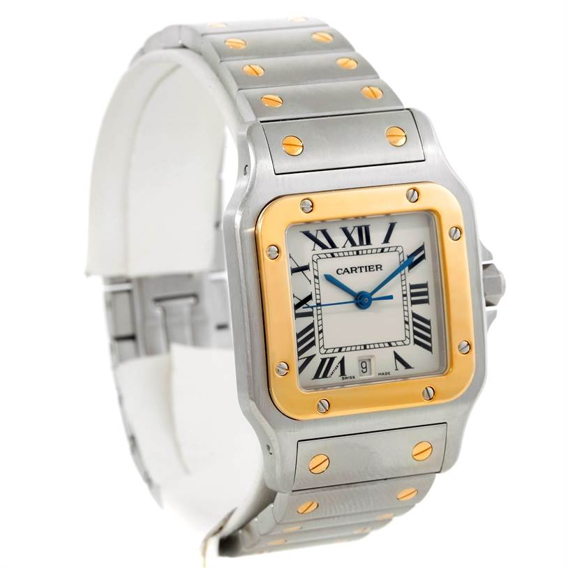 The Cartier Santos W20011C4 Stainless Steel Silver Dial W20011C4 Stainless Steel Silver Dial model watch is shown at a three-quarter angle, highlighting its face, bezel, and bracelet.