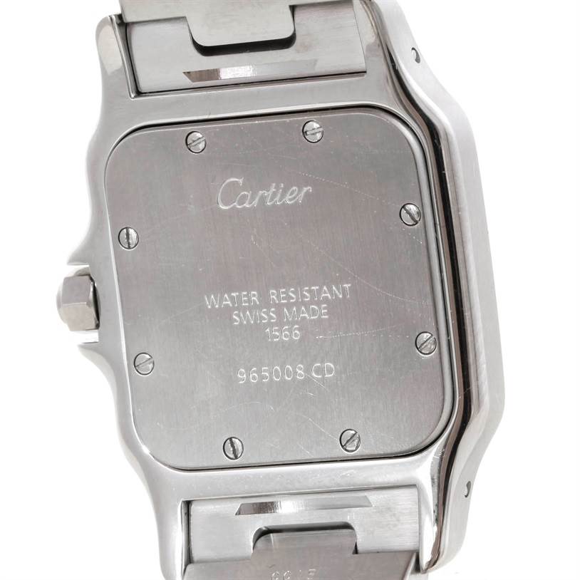 The image shows the back side and clasp of a Santos model watch by Cartier.