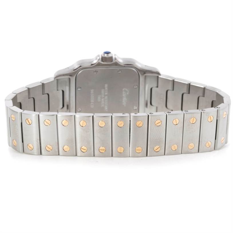 The image shows the back view of a Cartier Santos W20011C4 Stainless Steel Silver Dial W20011C4 Stainless Steel Silver Dial watch, focusing on the bracelet and case back.