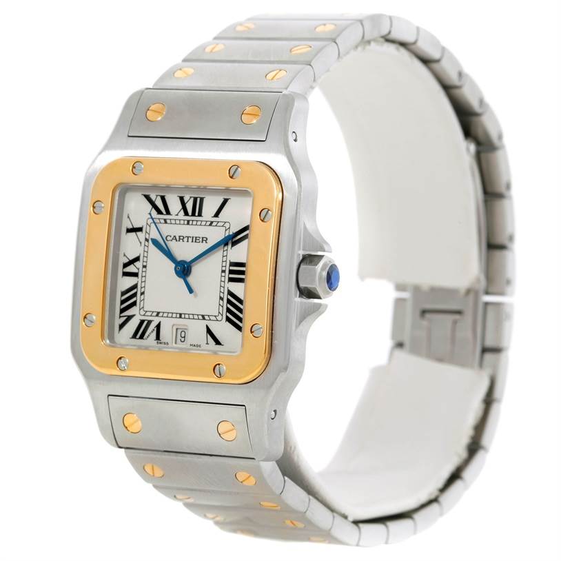 The image shows a Cartier Santos W20011C4 Stainless Steel Silver Dial W20011C4 Stainless Steel Silver Dial watch at a slight angle, highlighting its square face, Roman numeral dial, gold bezel, and metal bracelet.