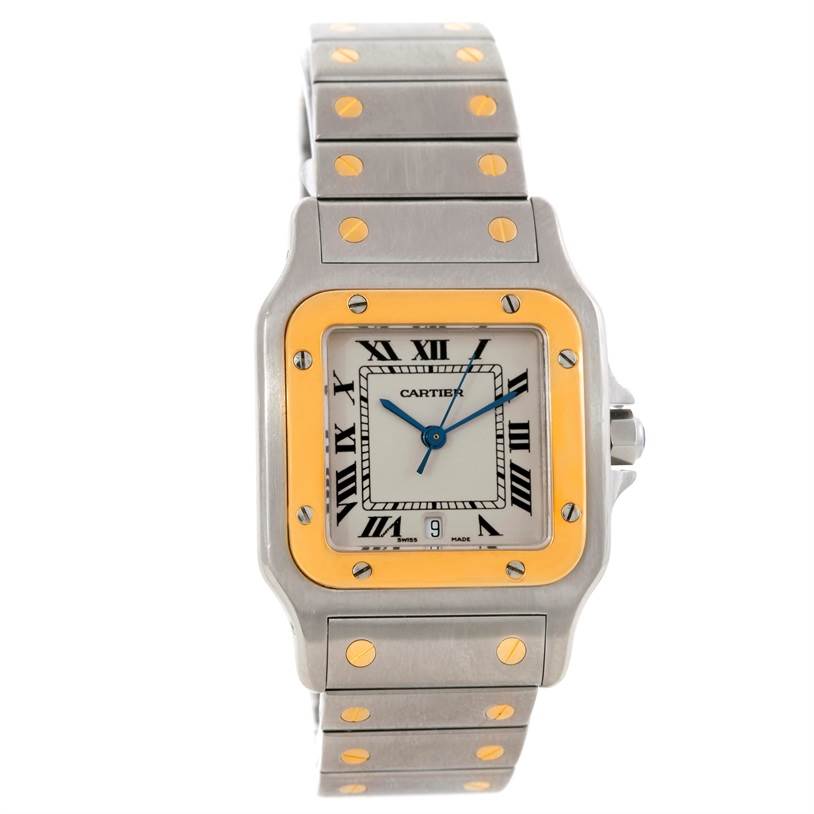 The image shows a front view of a Cartier Santos Stainless Steel Silver Dial Stainless Steel Silver Dial watch, highlighting its square face, two-tone bezel, and metal bracelet.