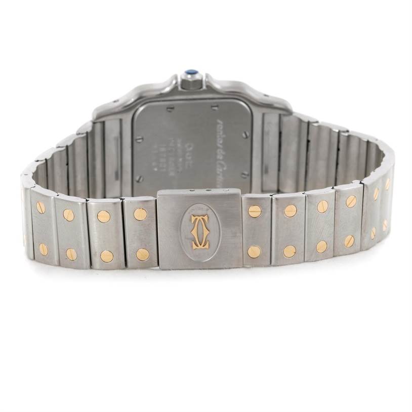 This image shows the back and bracelet of a Cartier Santos Stainless Steel Silver Dial Stainless Steel Silver Dial watch, focusing on the clasp and rear case.