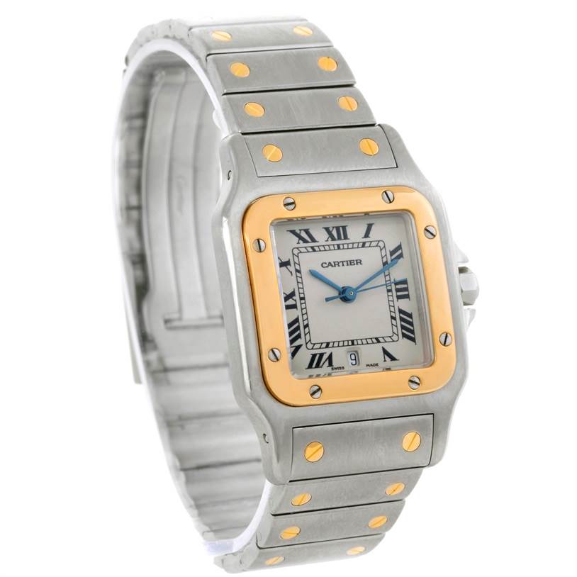 This image shows a Cartier Santos Stainless Steel Silver Dial Stainless Steel Silver Dial watch angled to display its face, band, and clasp details.