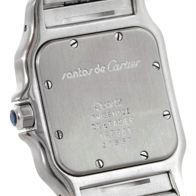 The image shows the back case and side view of the Santos de Cartier watch, highlighting the crown and case screws.