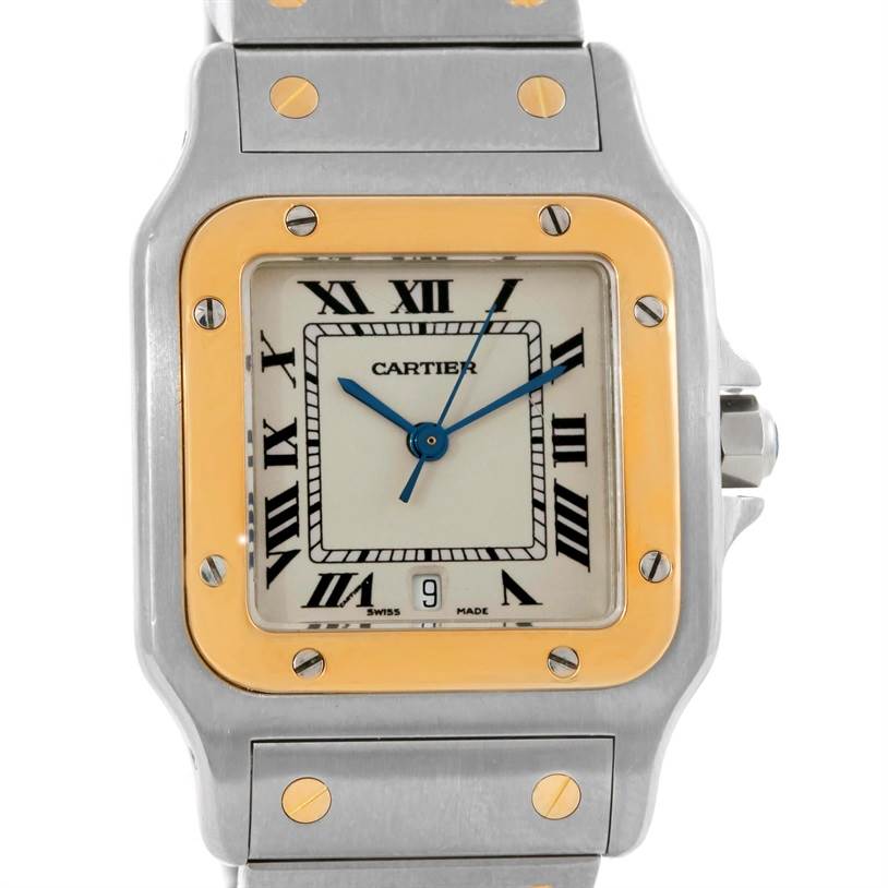 The image shows a close-up front view of the Cartier Santos Stainless Steel Silver Dial Stainless Steel Silver Dial watch, highlighting its face, bezel, and part of the bracelet.