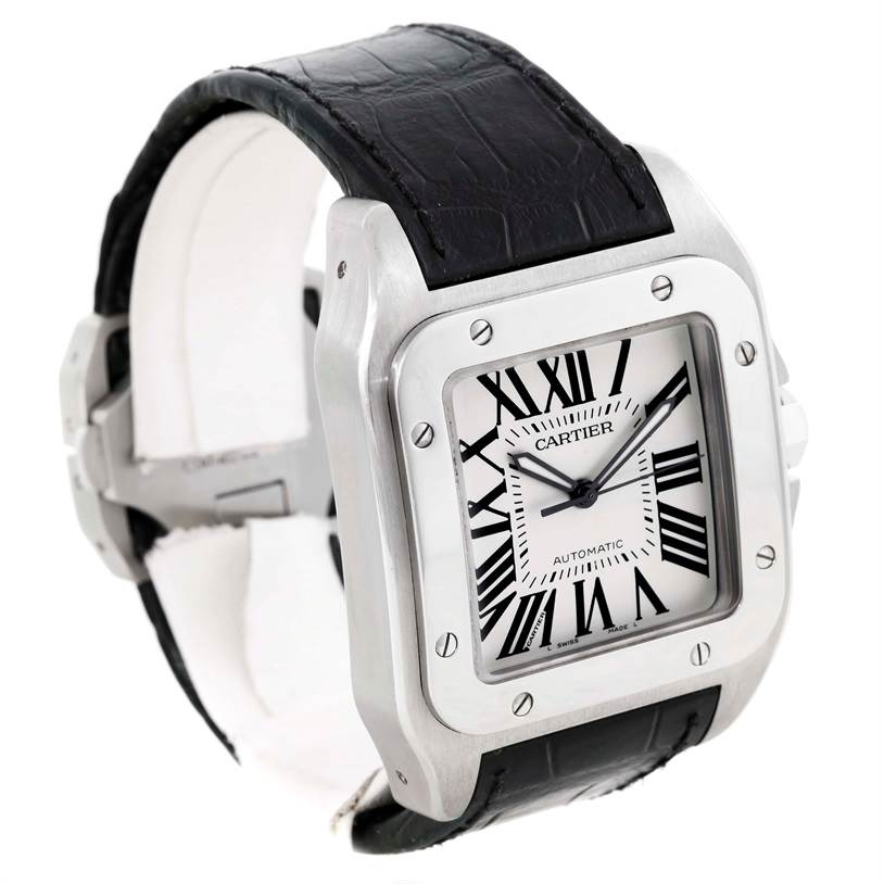 The Cartier Santos W20073X8 Men's Stainless Steel Silver Dial W20073X8 Men's Stainless Steel Silver Dial watch is shown at a slight angle, displaying the case, bezel, dial, and black leather strap.