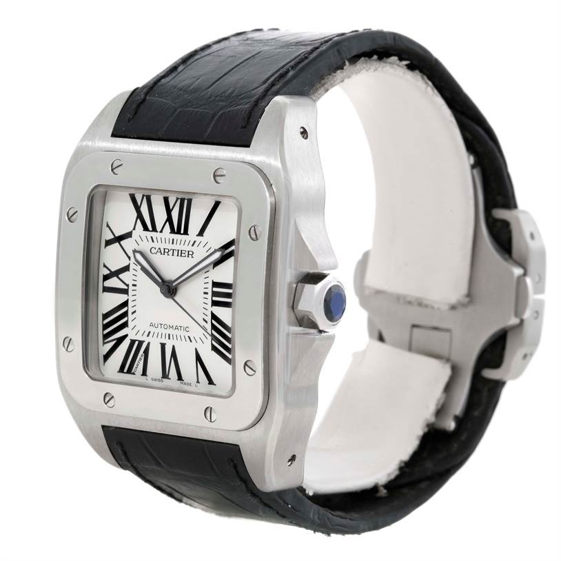 This image shows a 3/4 side view of the Cartier Santos W20073X8 Men's Stainless Steel Silver Dial W20073X8 Men's Stainless Steel Silver Dial model watch, featuring its face, bezel, and strap.