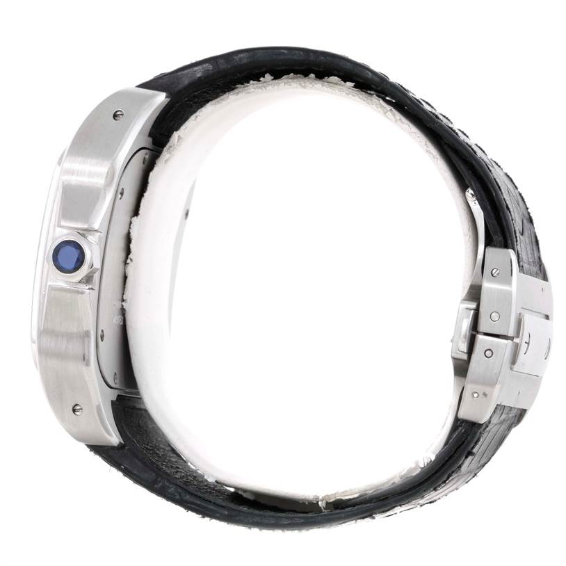 This image shows the side view of a Cartier Santos W20073X8 Men's Stainless Steel Silver Dial W20073X8 Men's Stainless Steel Silver Dial watch, highlighting its crown and strap.