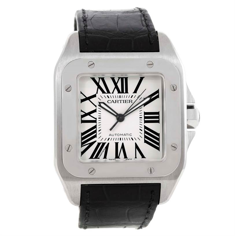 The image shows a frontal view of a Cartier Santos W20073X8 Men's Stainless Steel Silver Dial W20073X8 Men's Stainless Steel Silver Dial watch, highlighting the dial, bezel, and leather strap.