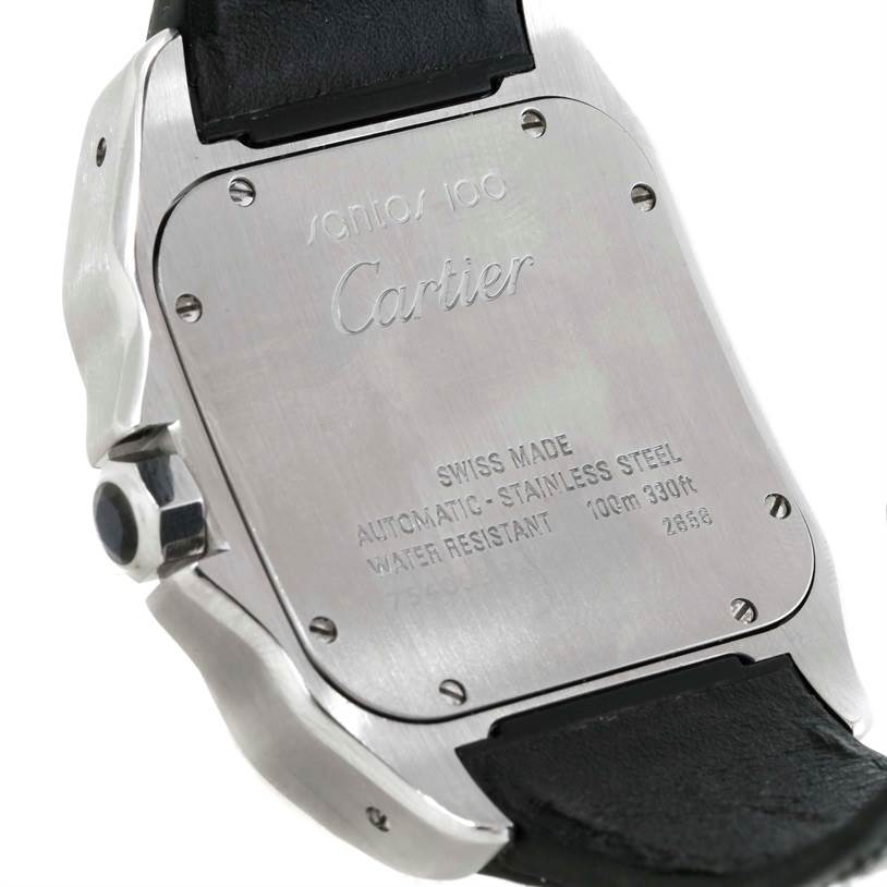 The image shows the back case of a Cartier Santos W20073X8 Men's Stainless Steel Silver Dial W20073X8 Men's Stainless Steel Silver Dial watch, displaying its engravings and part of the leather strap.