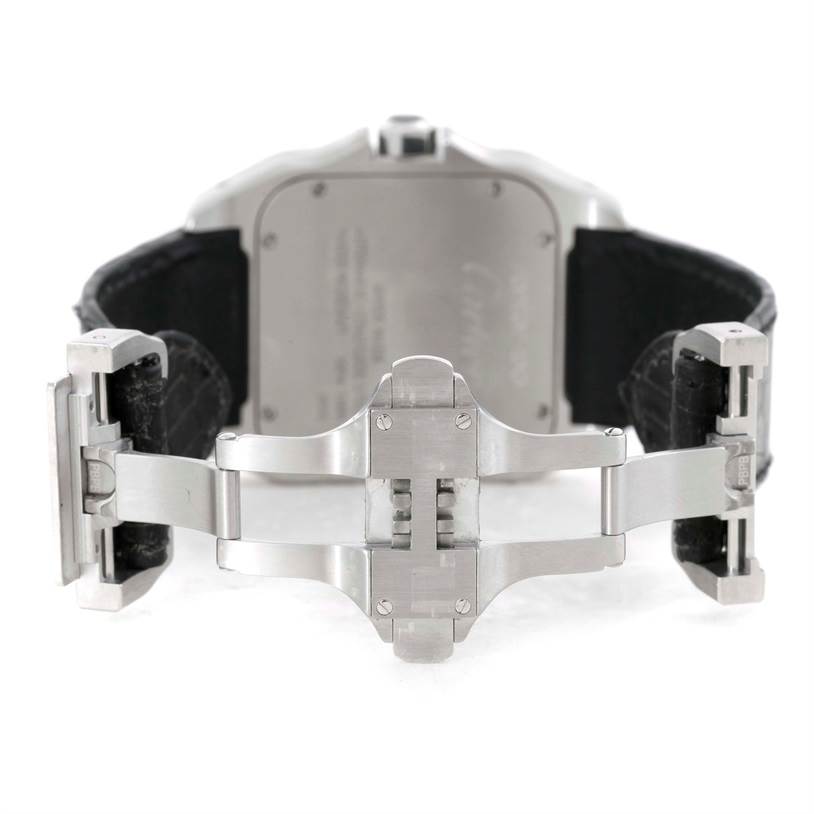 This image shows the back and clasp mechanism of a Cartier Santos W20073X8 Men's Stainless Steel Silver Dial W20073X8 Men's Stainless Steel Silver Dial watch.