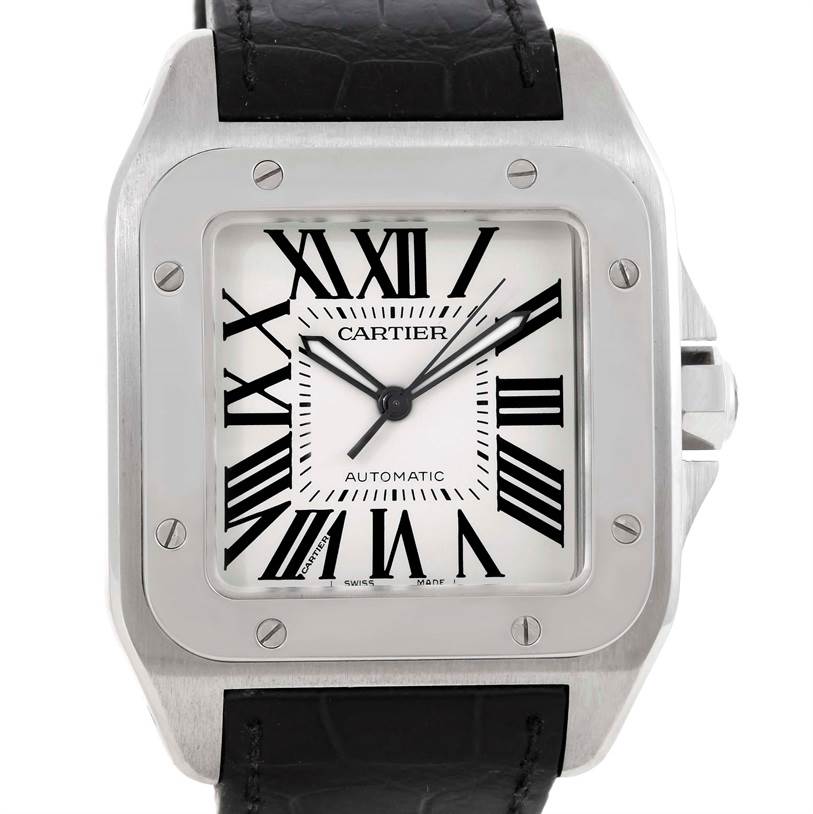 The Cartier Santos W20073X8 Men's Stainless Steel Silver Dial W20073X8 Men's Stainless Steel Silver Dial watch is shown from a front angle with a clear view of the dial, case, and a portion of the black leather strap.