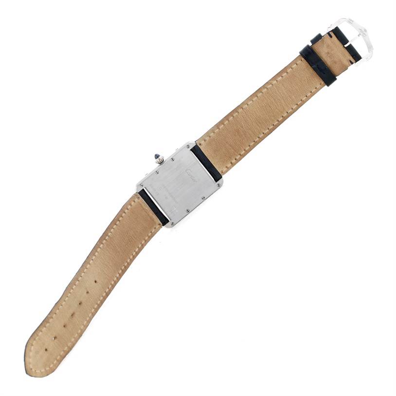 The image shows the backside of a Cartier Tank Louis W1540956 Men
s White Gold White Dial W1540956 Men
s White Gold White Dial model watch, including the strap and case back.