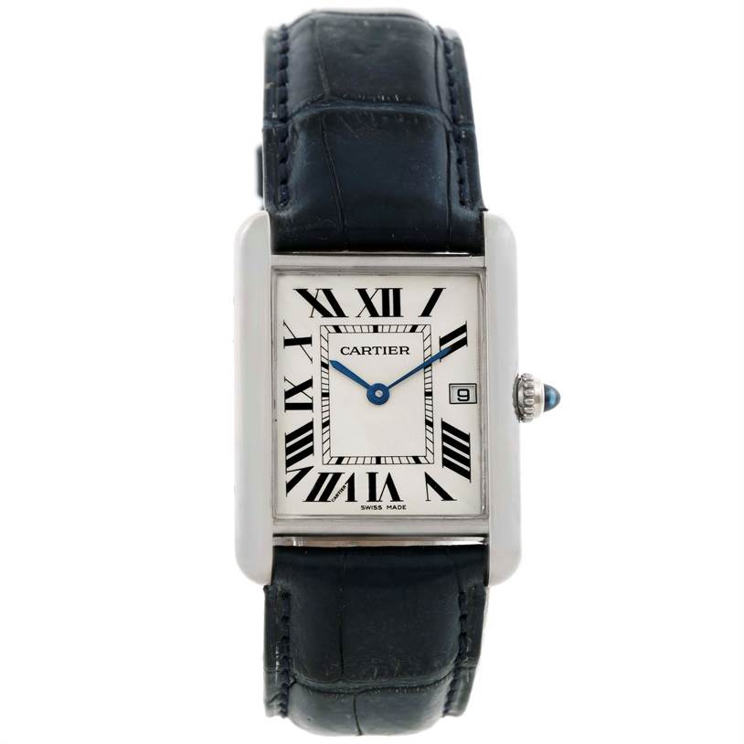 The image shows a front view of the Cartier Tank Louis W1540956 Men
s White Gold White Dial W1540956 Men
s White Gold White Dial watch, displaying the face, hands, Roman numerals, and strap.