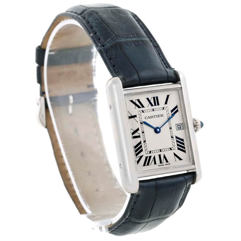 The image shows a Cartier Tank Louis W1540956 Men
s White Gold White Dial W1540956 Men
s White Gold White Dial watch from an angled side view, highlighting the watch face, crown, and leather strap.