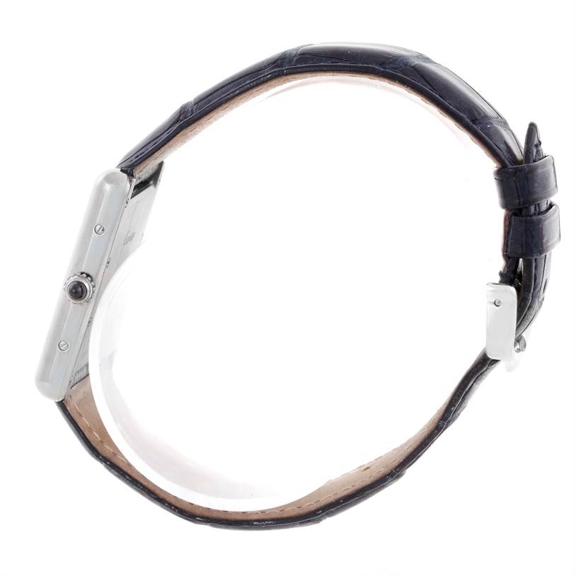 The image shows a side view of the Cartier Tank Louis W1540956 Men
s White Gold White Dial W1540956 Men
s White Gold White Dial watch, highlighting the crown and leather strap.