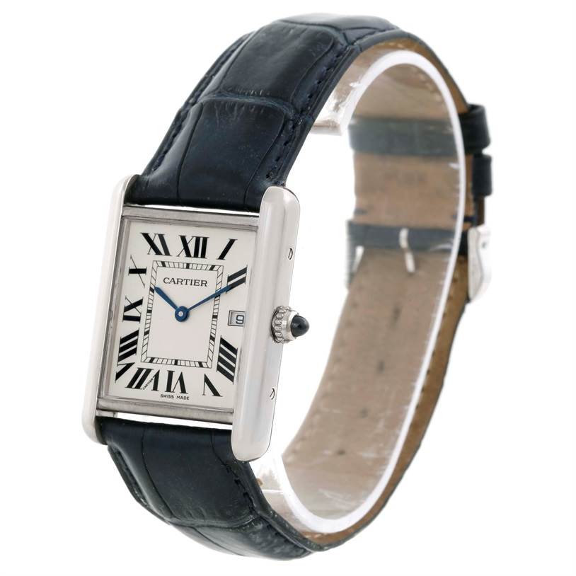 The Cartier Tank Louis W1540956 Men
s White Gold White Dial W1540956 Men
s White Gold White Dial watch is shown at a slight angle, highlighting its rectangular face, Roman numerals, and black leather strap.