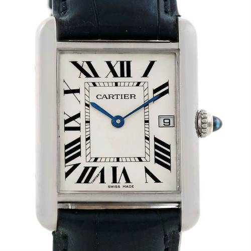 Photo of Cartier Tank Louis Mens 18k White Gold Date Blue Strap Watch W1540956