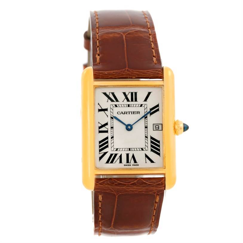 The image shows a front view of the Cartier Tank Louis W1529756 Men's Yellow Gold Silver Dial W1529756 Men's Yellow Gold Silver Dial watch, displaying its face, brown leather strap, and gold bezel.