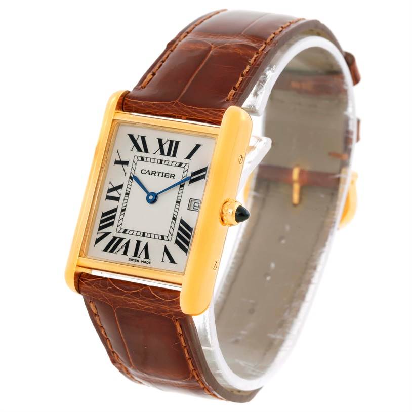 The image shows a Cartier Tank Louis W1529756 Men's Yellow Gold Silver Dial W1529756 Men's Yellow Gold Silver Dial model watch from an angled side view, highlighting its rectangular face, leather strap, and crown.