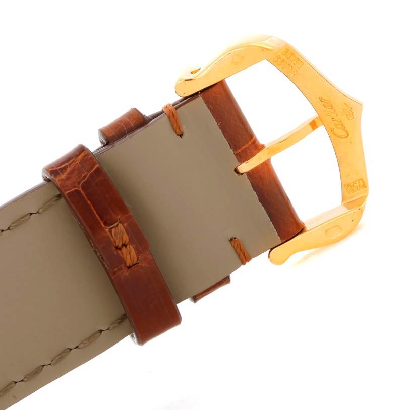 The image shows the buckle and strap of a Cartier Tank Louis W1529756 Men's Yellow Gold Silver Dial W1529756 Men's Yellow Gold Silver Dial watch from a close-up angle.