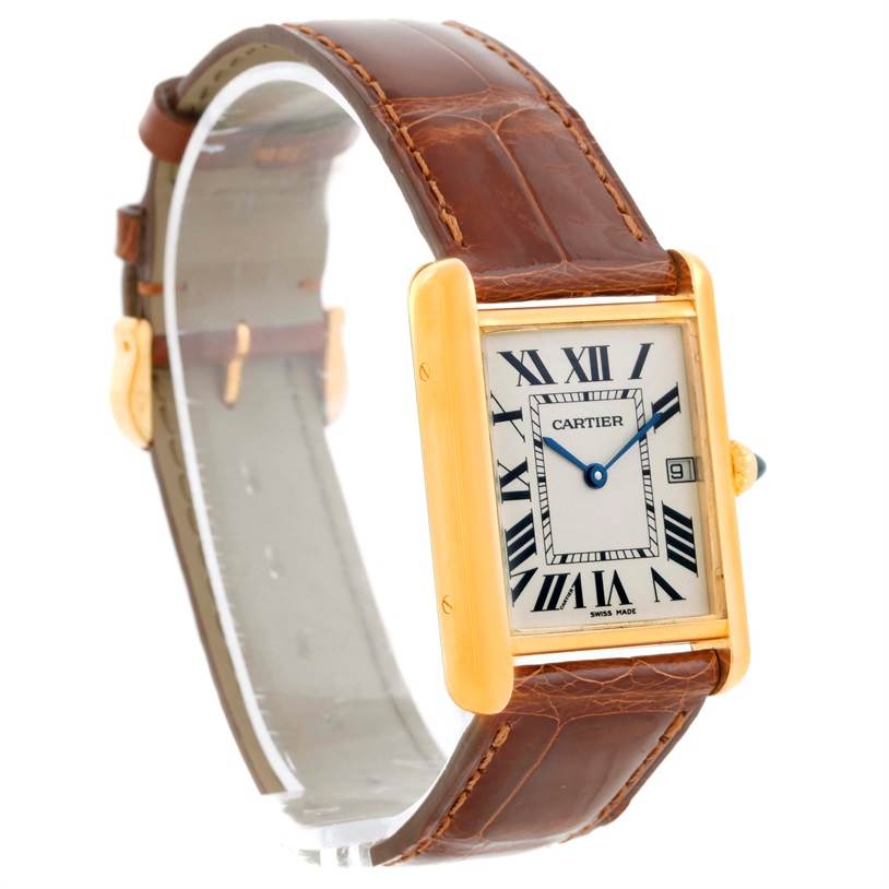 This image shows a Cartier Tank Louis W1529756 Men's Yellow Gold Silver Dial W1529756 Men's Yellow Gold Silver Dial watch angled from the front, highlighting the rectangular face, brown leather strap, and gold casing.
