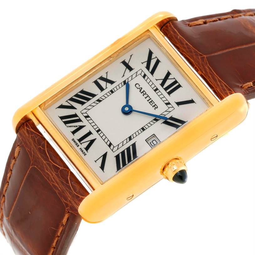The image shows a close-up angled view of a Cartier Tank Louis W1529756 Men's Yellow Gold Silver Dial W1529756 Men's Yellow Gold Silver Dial watch, highlighting the face, strap, and crown.