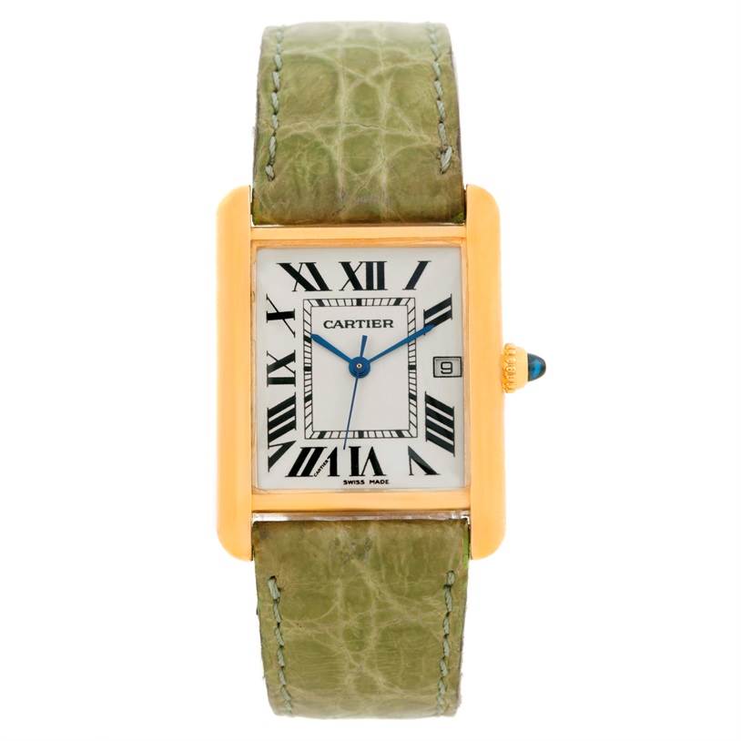 This image shows a front view of the Cartier Tank Louis W1529756 Men's Yellow Gold Silver Dial W1529756 Men's Yellow Gold Silver Dial watch with its green leather strap.